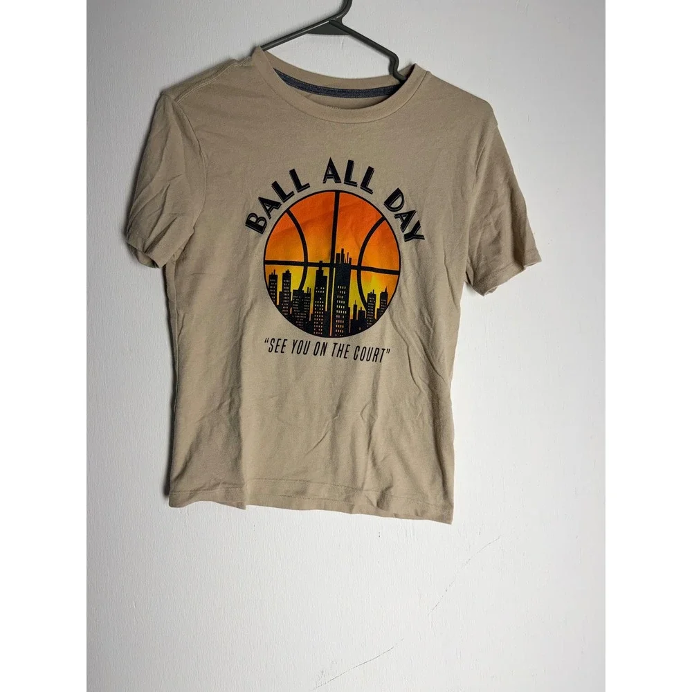Old Navy Boys Tan Ball All Day Basketball Graphic Tee Shirt Size L 10-12 Khaki